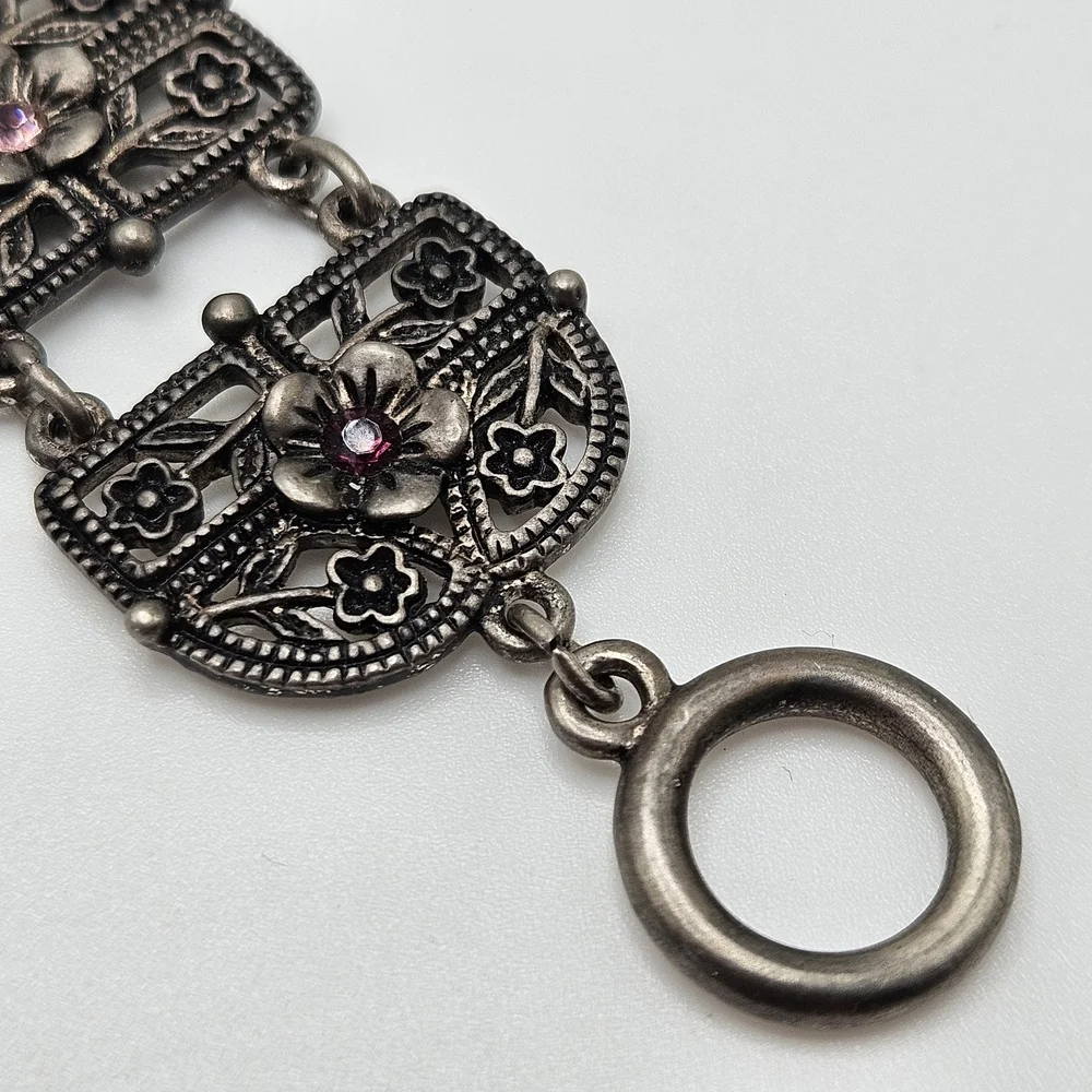 VINTAGE Art Deco Filigree Rhinestone Flower Articulated Panel Link Bracelet